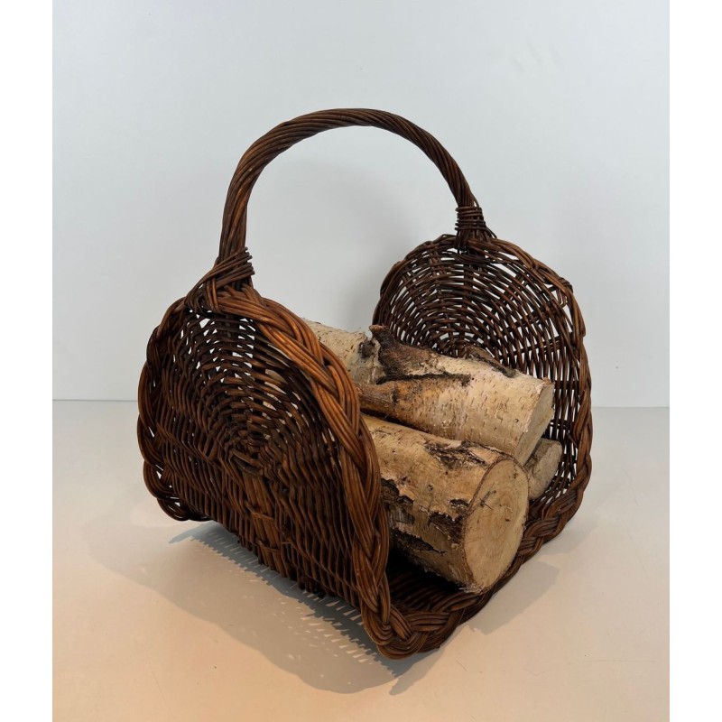Rattan Wicker Log Basket with Arched Carrying Handle. France. Circa 1970.