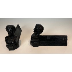 Pair of Cast Iron Andirons with Portrait Busts of an "Italienne". France. Circa 1950.
