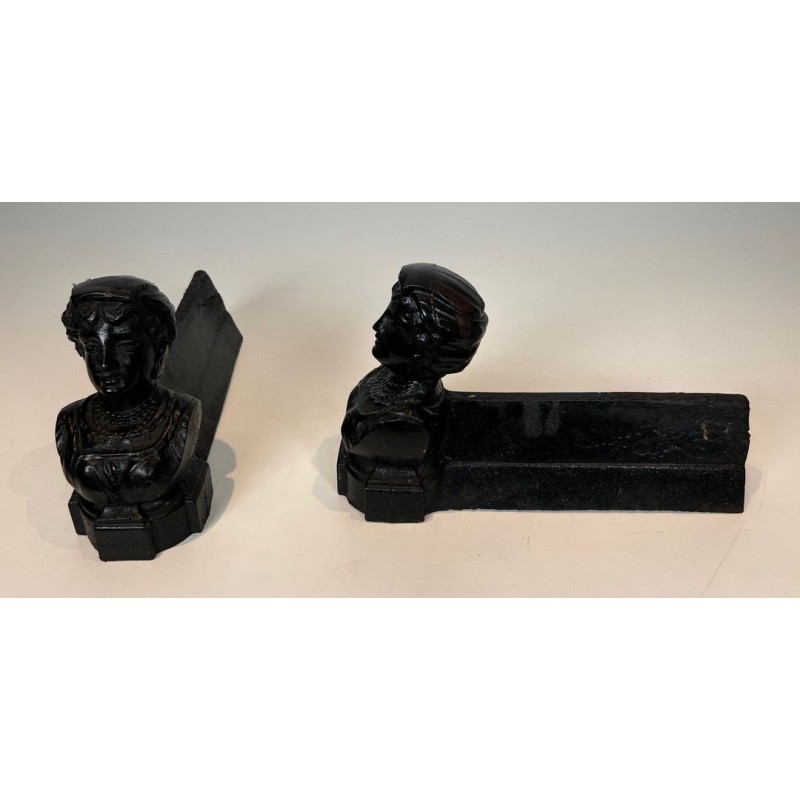 Pair of Cast Iron Andirons with Portrait Busts of an "Italienne". France. Circa 1950.