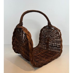 Rattan Wicker Log Basket with Arched Carrying Handle. France. Circa 1970.