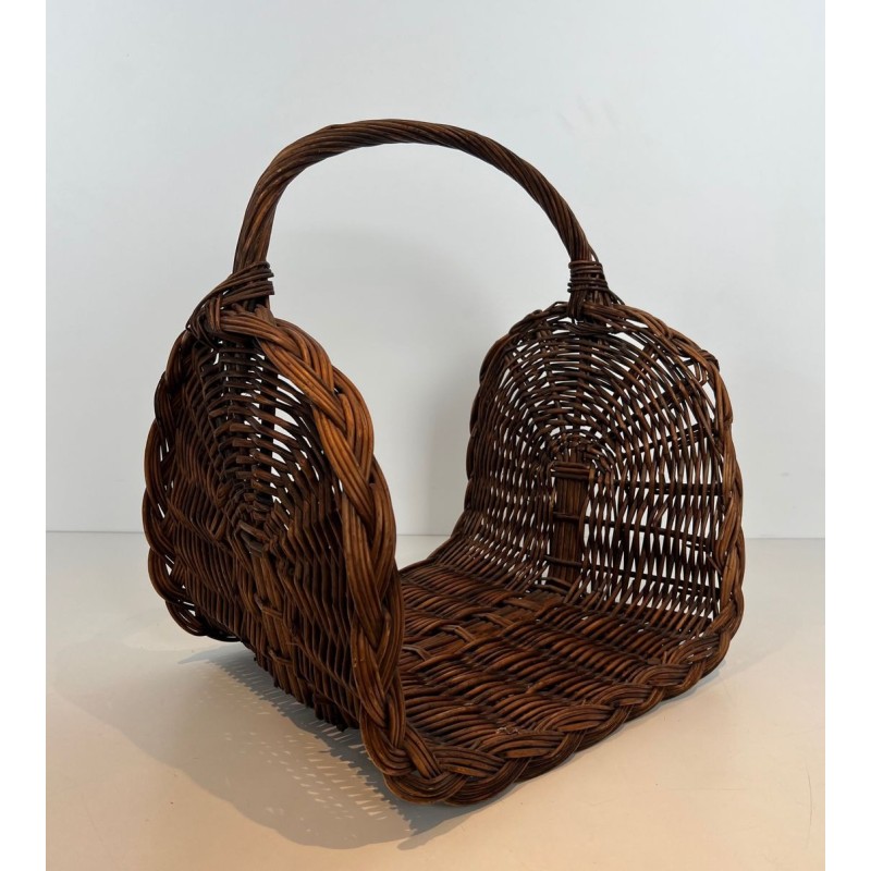 Rattan Wicker Log Basket with Arched Carrying Handle. France. Circa 1970.