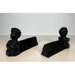 Pair of Cast Iron Andirons with Portrait Busts of an "Italienne". France. Circa 1950.