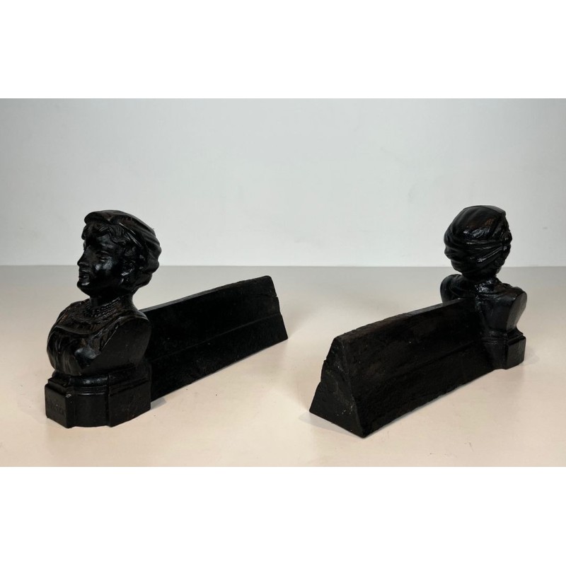 Pair of Cast Iron Andirons with Portrait Busts of an "Italienne". France. Circa 1950.