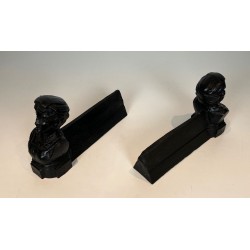 Pair of Cast Iron Andirons with Portrait Busts of an "Italienne". France. Circa 1950.