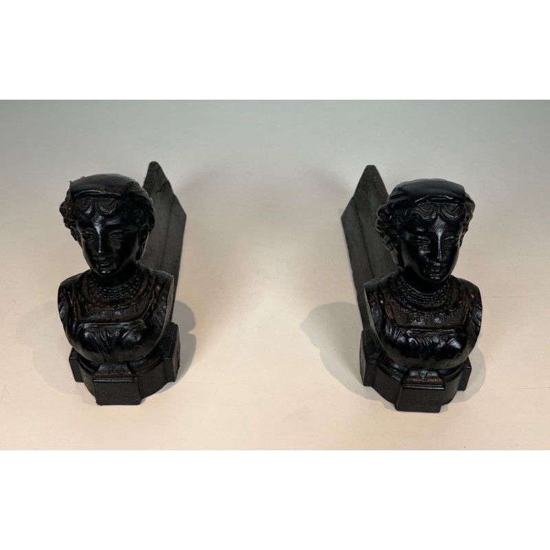 Pair of Cast Iron Andirons with Portrait Busts of an "Italienne". France. Circa 1950.