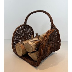 Rattan Wicker Log Basket with Arched Carrying Handle. France. Circa 1970.