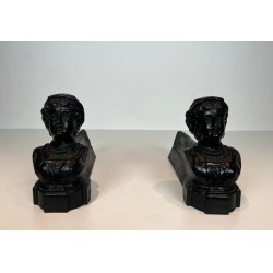 Pair of Cast Iron Andirons with Portrait Busts of an "Italienne". France. Circa 1950.