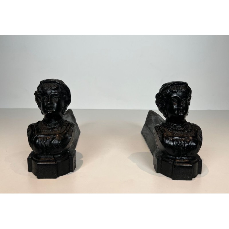 Pair of Cast Iron Andirons with Portrait Busts of an "Italienne". France. Circa 1950.