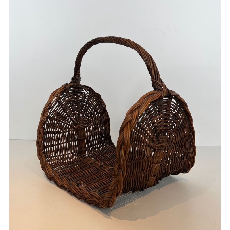 Rattan Wicker Log Basket with Arched Carrying Handle. France. Circa 1970.
