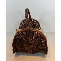 Rattan Wicker Log Basket with Arched Carrying Handle. France. Circa 1970.