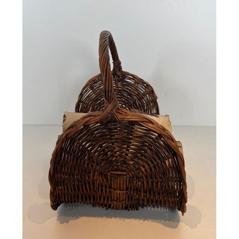Rattan Wicker Log Basket with Arched Carrying Handle. France. Circa 1970.