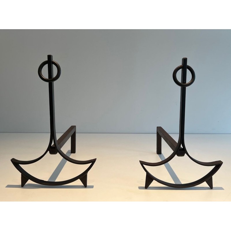 Pair of Wrought Iron Andirons with Ring Finials and Swept Crescent Bases. France. Circa 1940.