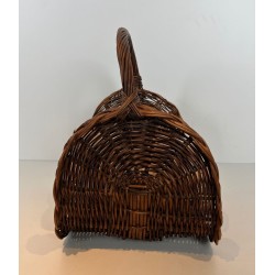 Rattan Wicker Log Basket with Arched Carrying Handle. France. Circa 1970.
