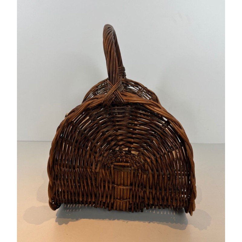 Rattan Wicker Log Basket with Arched Carrying Handle. France. Circa 1970.