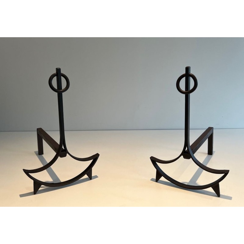 Pair of Wrought Iron Andirons with Ring Finials and Swept Crescent Bases. France. Circa 1940.