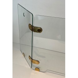 Pare-Feu Pliant à Trois Panneaux de Verre Clair et Charnières en Laiton Ovales. France. Vers 1970.