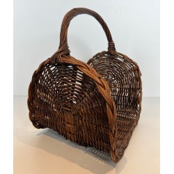 Rattan Wicker Log Basket with Arched Carrying Handle. France. Circa 1970.
