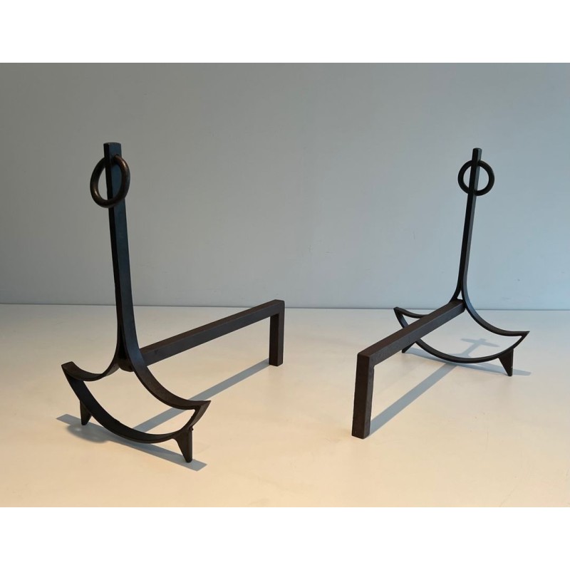 Pair of Wrought Iron Andirons with Ring Finials and Swept Crescent Bases. France. Circa 1940.