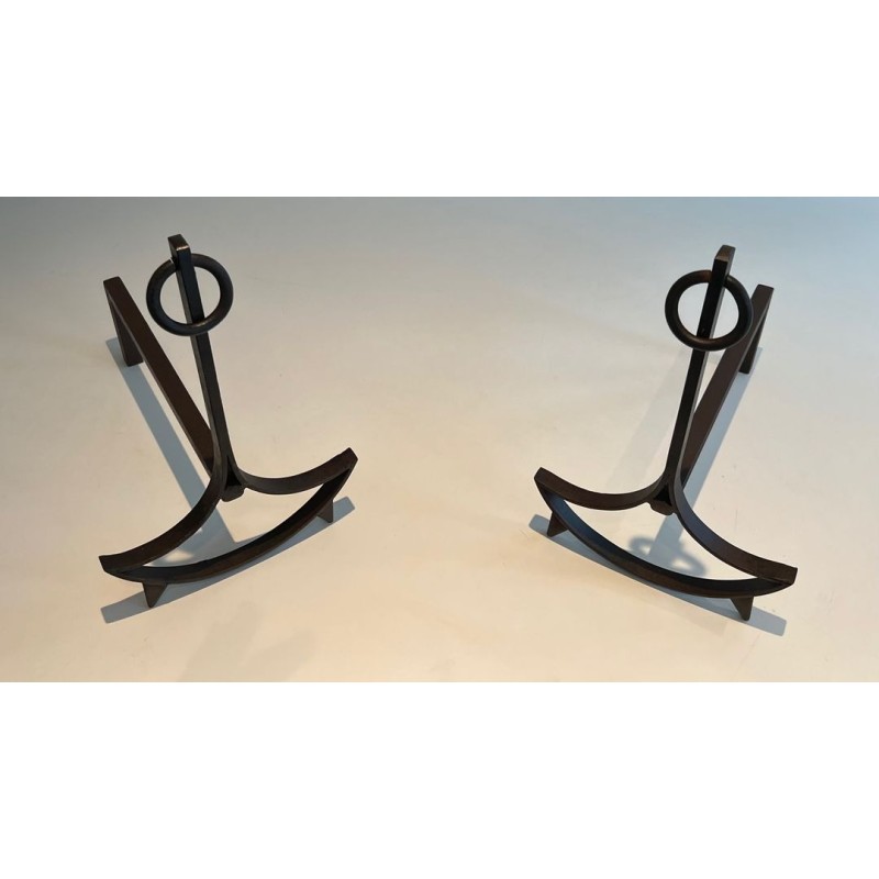 Pair of Wrought Iron Andirons with Ring Finials and Swept Crescent Bases. France. Circa 1940.