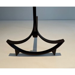 Pair of Wrought Iron Andirons with Ring Finials and Swept Crescent Bases. France. Circa 1940.