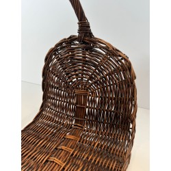 Rattan Wicker Log Basket with Arched Carrying Handle. France. Circa 1970.