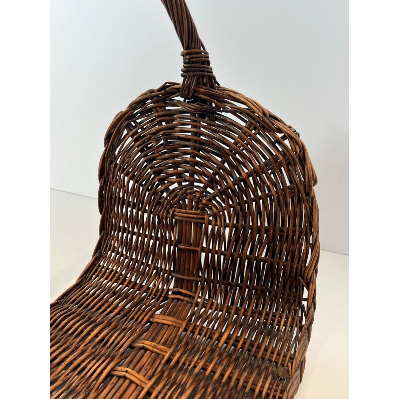 Rattan Wicker Log Basket with Arched Carrying Handle. France. Circa 1970.
