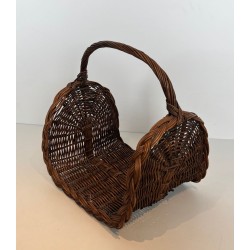 Rattan Wicker Log Basket with Arched Carrying Handle. France. Circa 1970.