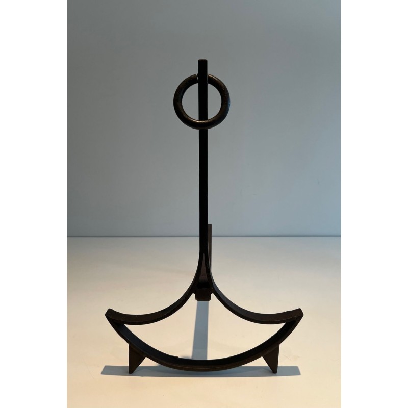 Pair of Wrought Iron Andirons with Ring Finials and Swept Crescent Bases. France. Circa 1940.