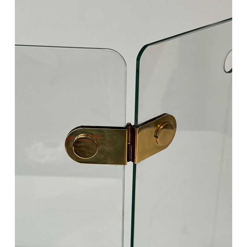 Pare-Feu Pliant à Trois Panneaux de Verre Clair et Charnières en Laiton Ovales. France. Vers 1970.