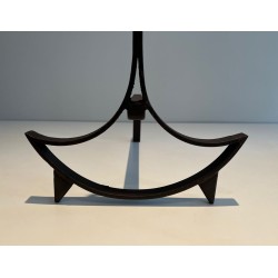 Pair of Wrought Iron Andirons with Ring Finials and Swept Crescent Bases. France. Circa 1940.