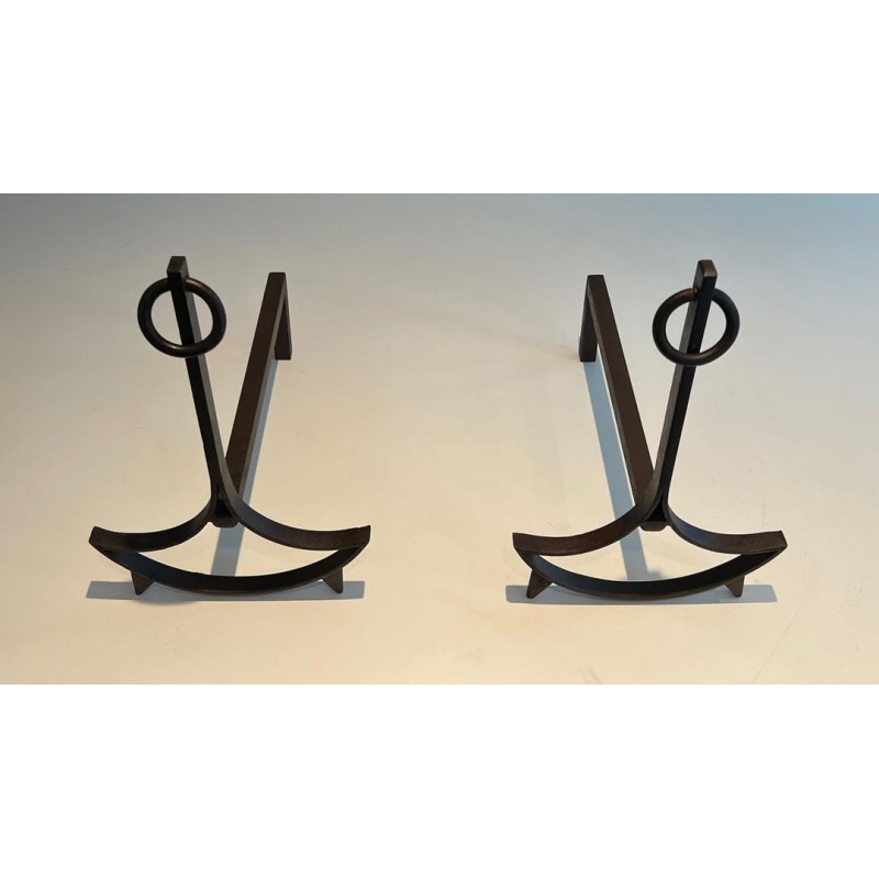 Pair of Wrought Iron Andirons with Ring Finials and Swept Crescent Bases. France. Circa 1940.