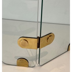 Three-Panel Clear Glass Folding Fireplace Screen with Oval Brass Hinge Plates. France. Circa 1970.