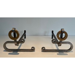 Pair of Modernist Andirons with Large Brass Ring Uprights and Chromed Steel Horseshoe Log Rests. France. Circa 1970.