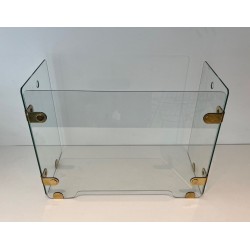 Three-Panel Clear Glass Folding Fireplace Screen with Oval Brass Hinge Plates. France. Circa 1970.