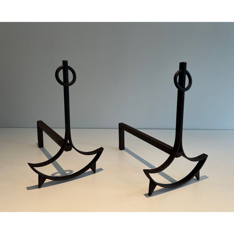 Pair of Wrought Iron Andirons with Ring Finials and Swept Crescent Bases. France. Circa 1940.