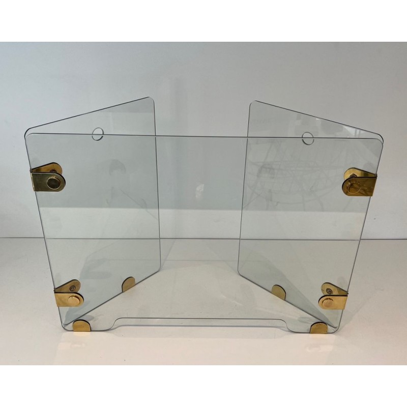 Pare-Feu Pliant à Trois Panneaux de Verre Clair et Charnières en Laiton Ovales. France. Vers 1970.