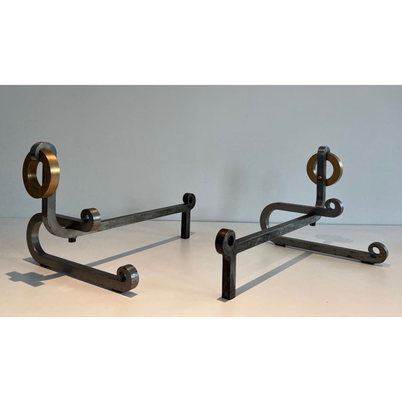 Pair of Modernist Andirons with Large Brass Ring Uprights and Chromed Steel Horseshoe Log Rests. France. Circa 1970.