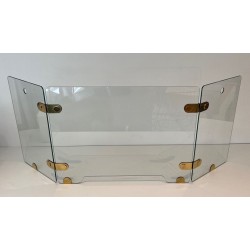 Three-Panel Clear Glass Folding Fireplace Screen with Oval Brass Hinge Plates. France. Circa 1970.