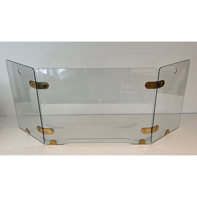 Three-Panel Clear Glass Folding Fireplace Screen with Oval Brass Hinge Plates. France. Circa 1970.