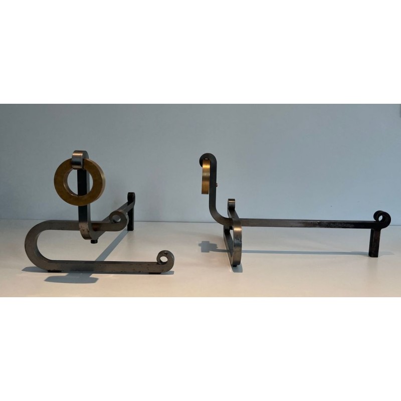Pair of Modernist Andirons with Large Brass Ring Uprights and Chromed Steel Horseshoe Log Rests. France. Circa 1970.