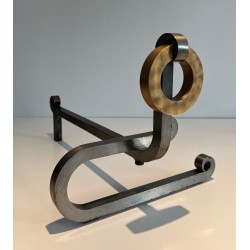 Pair of Modernist Andirons with Large Brass Ring Uprights and Chromed Steel Horseshoe Log Rests. France. Circa 1970.