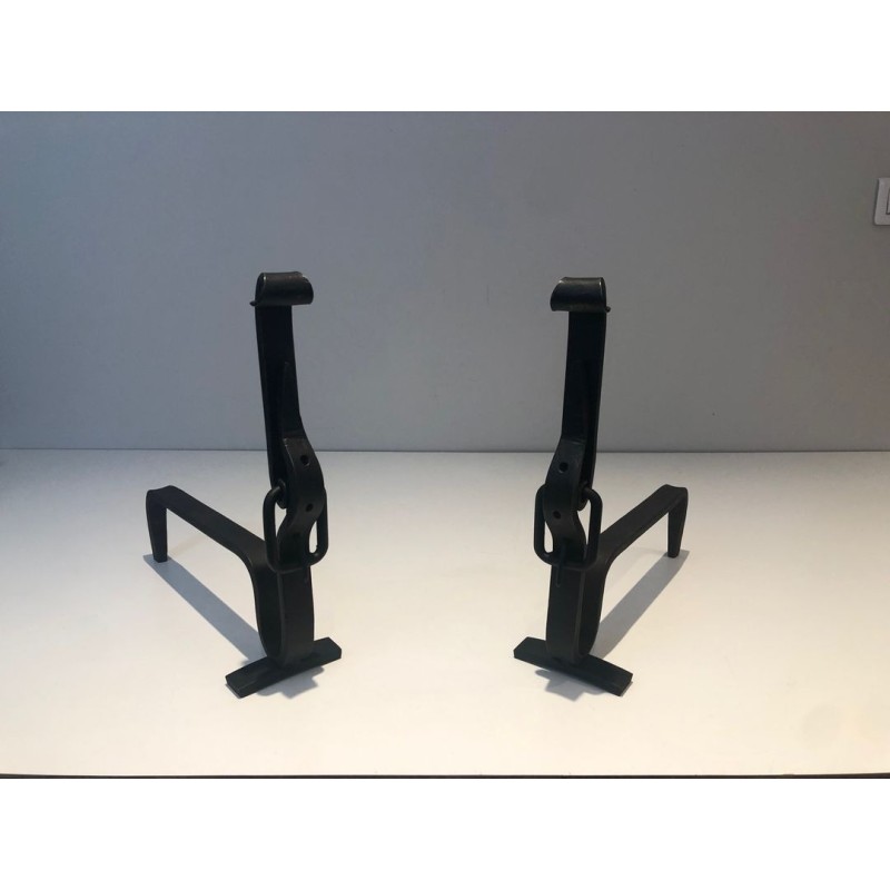 Pair of Wrought Iron Andirons of "Ceinture" Belt Model. France. Circa 1950.