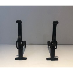 Pair of Wrought Iron Andirons of "Ceinture" Belt Model. France. Circa 1950.