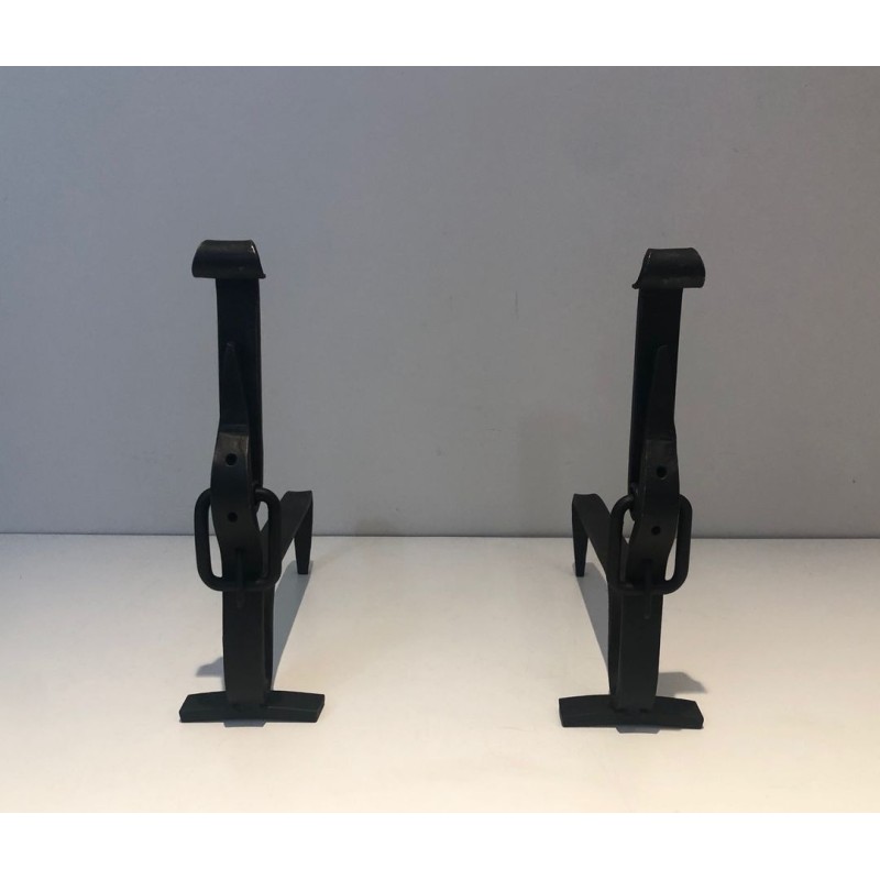 Pair of Wrought Iron Andirons of "Ceinture" Belt Model. France. Circa 1950.