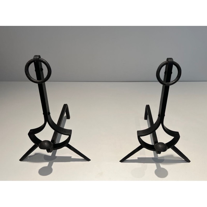 Pair of Modernist Wrought Iron Andirons with Ring Finials and Splayed Tripod Bases. France. Circa 1940.