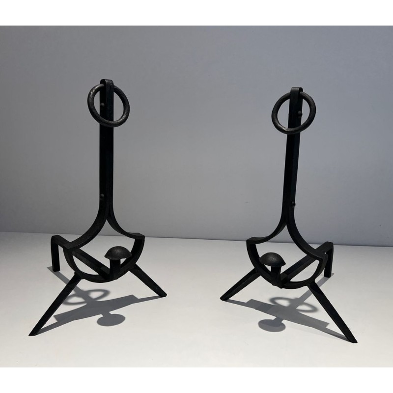 Pair of Modernist Wrought Iron Andirons with Ring Finials and Splayed Tripod Bases. France. Circa 1940.