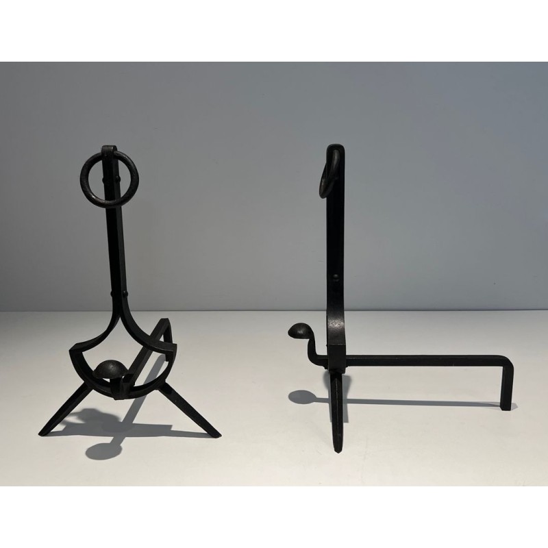 Pair of Modernist Wrought Iron Andirons with Ring Finials and Splayed Tripod Bases. France. Circa 1940.