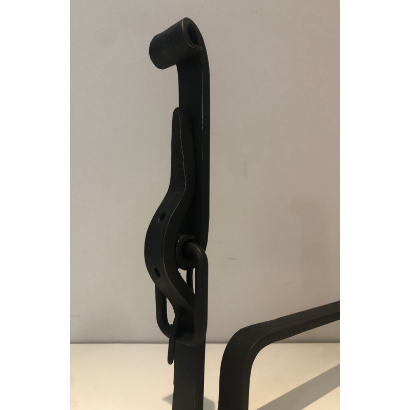 Pair of Wrought Iron Andirons of "Ceinture" Belt Model. France. Circa 1950.