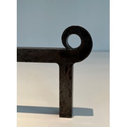 Pair of Modernist Andirons with Large Brass Ring Uprights and Chromed Steel Horseshoe Log Rests. France. Circa 1970.