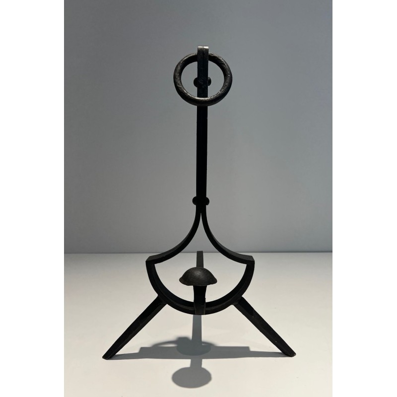 Pair of Modernist Wrought Iron Andirons with Ring Finials and Splayed Tripod Bases. France. Circa 1940.